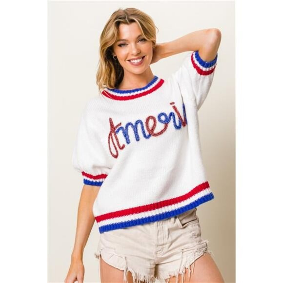 BiBi Metallic America Letter Short Sleeve Sweater - Picture 1 of 4